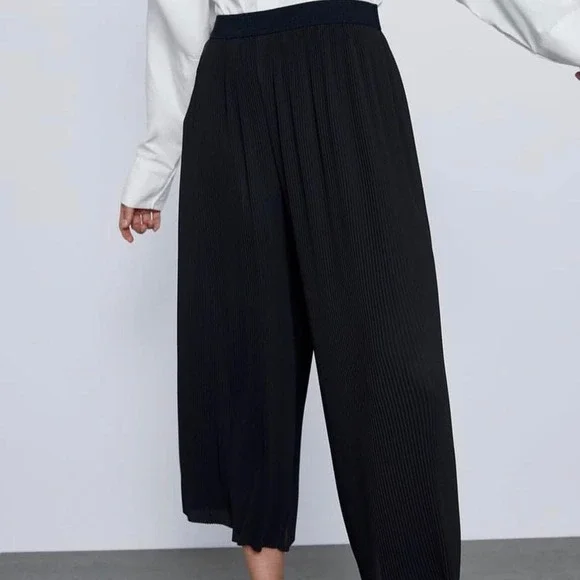 Zara EUC Pleated Black Elastic Waistband Culottes Pants Trousers Size XS - Picture 4 of 12